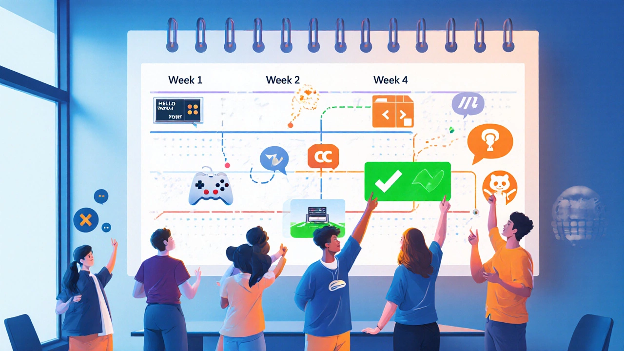 30‑day coding roadmap calendar with weekly icons and people celebrating on a screen.
