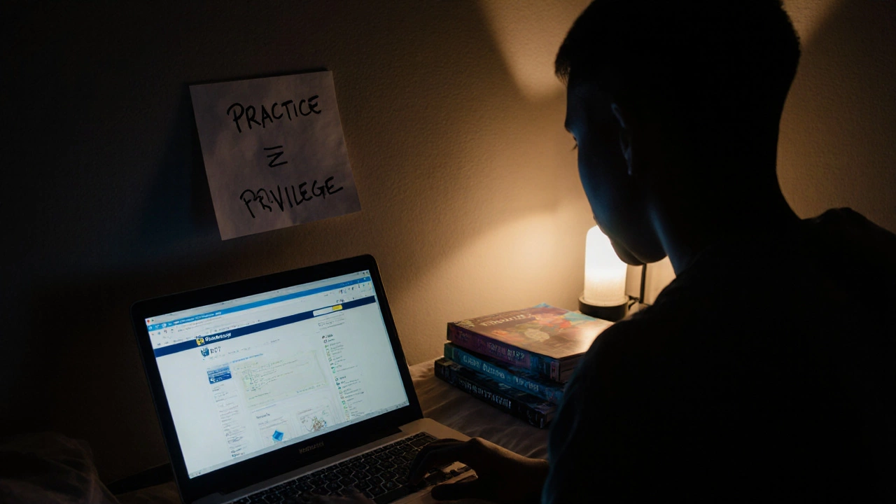 A student studying late at night with Khan Academy on a laptop, surrounded by free prep materials.