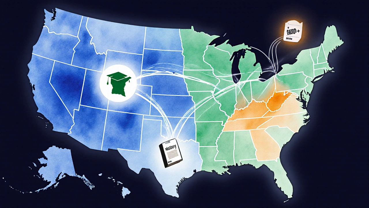 A stylized U.S. map showing glowing pathways from top-performing states with academic icons.