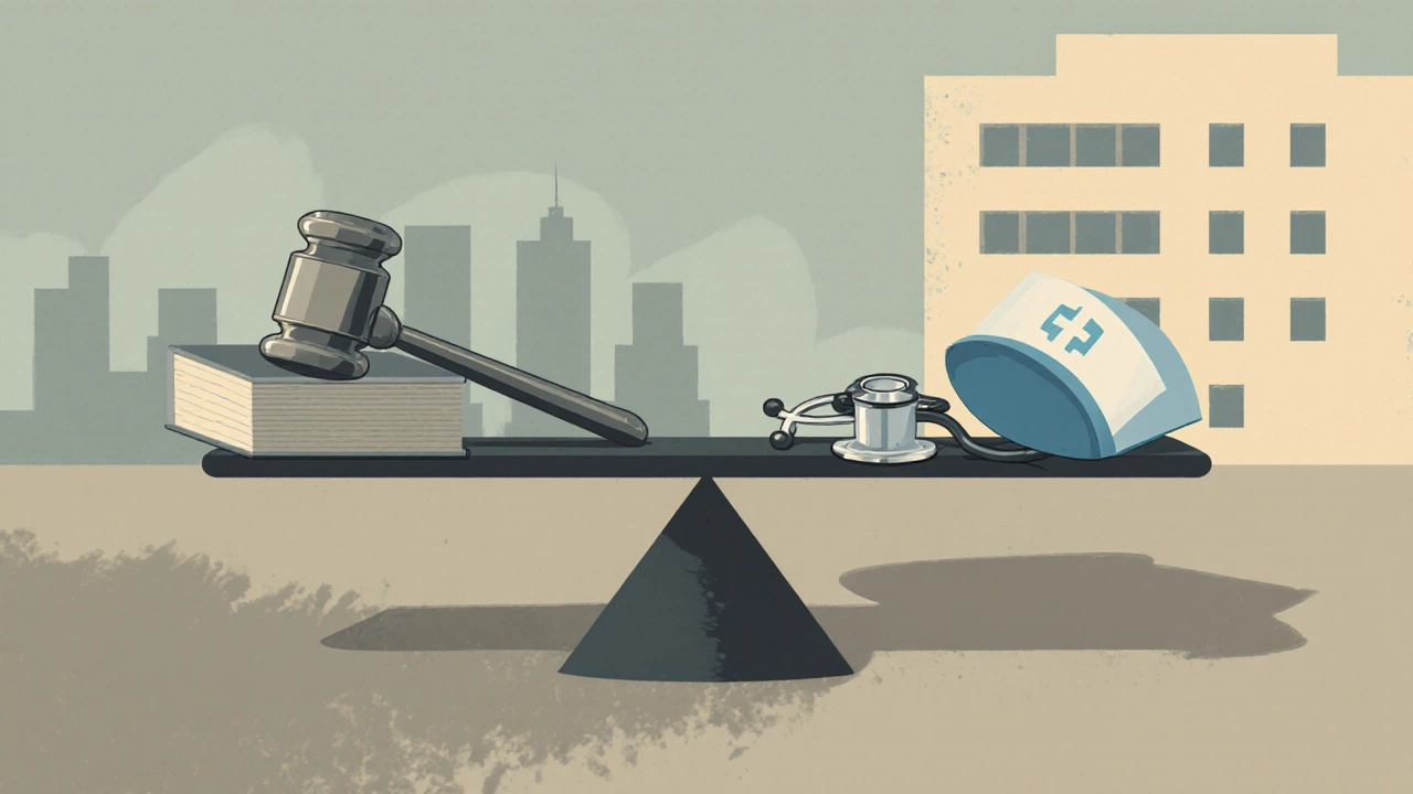 Balance scale weighing a gavel and law books against a stethoscope and nursing cap, symbolizing career choice.