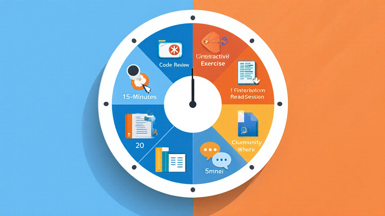 Circular clock illustrating a daily coding routine with icons for each activity.