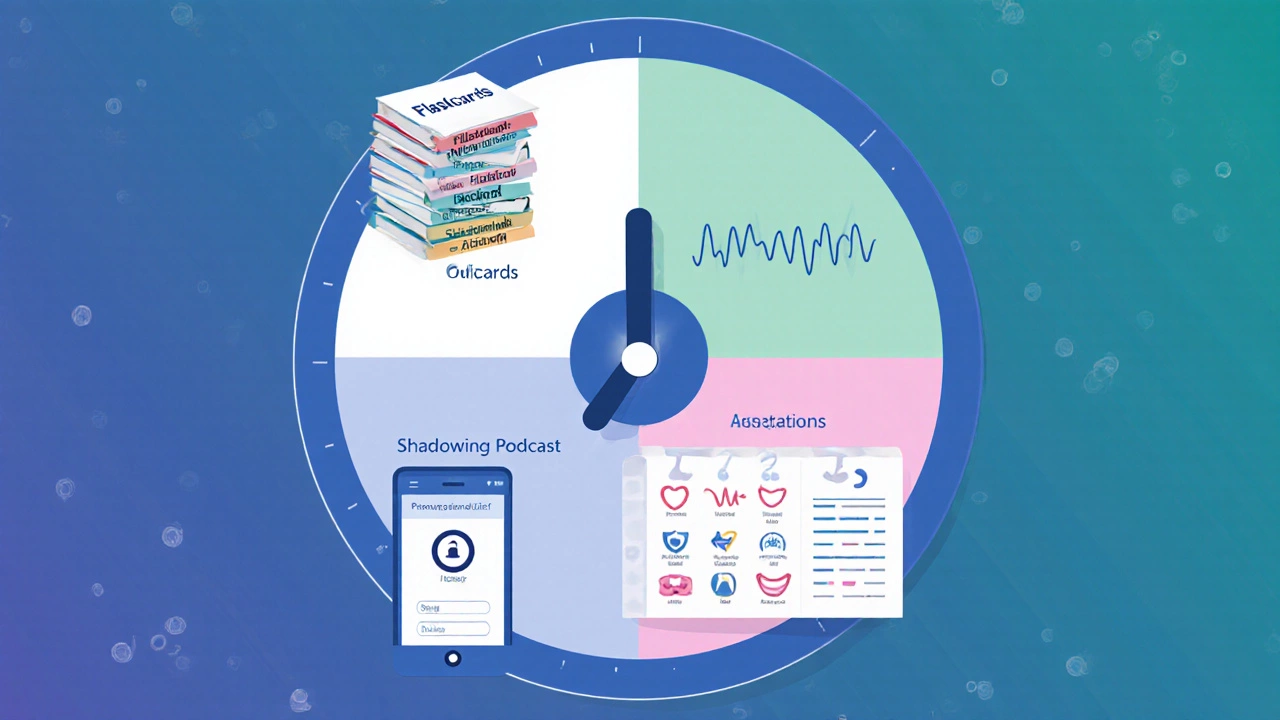 Circular layout showing a daily fluency routine with flashcards, podcast, recorder, drills, and habit tracker.