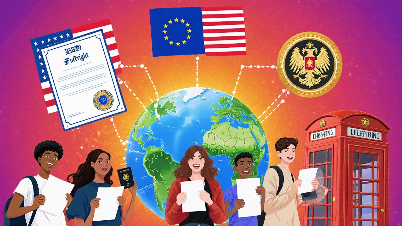 Collage of Fulbright, Erasmus+, Commonwealth, DAAD, Chevening icons and happy students holding letters.