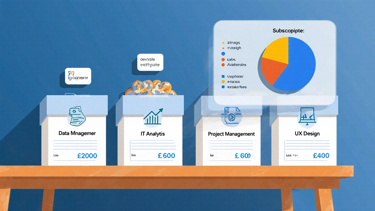 Desk with four Google certificate boxes, price tags, and visual salary boost arrows.