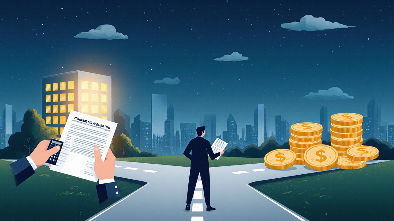 Figure at a forked road holding calculator and aid form, paths toward job and savings.