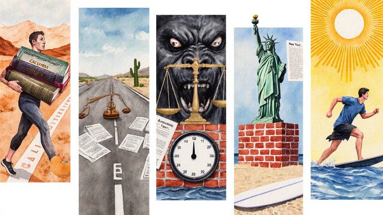 Five scenes showing California, New York, Texas, Massachusetts, and Florida exam challenges.