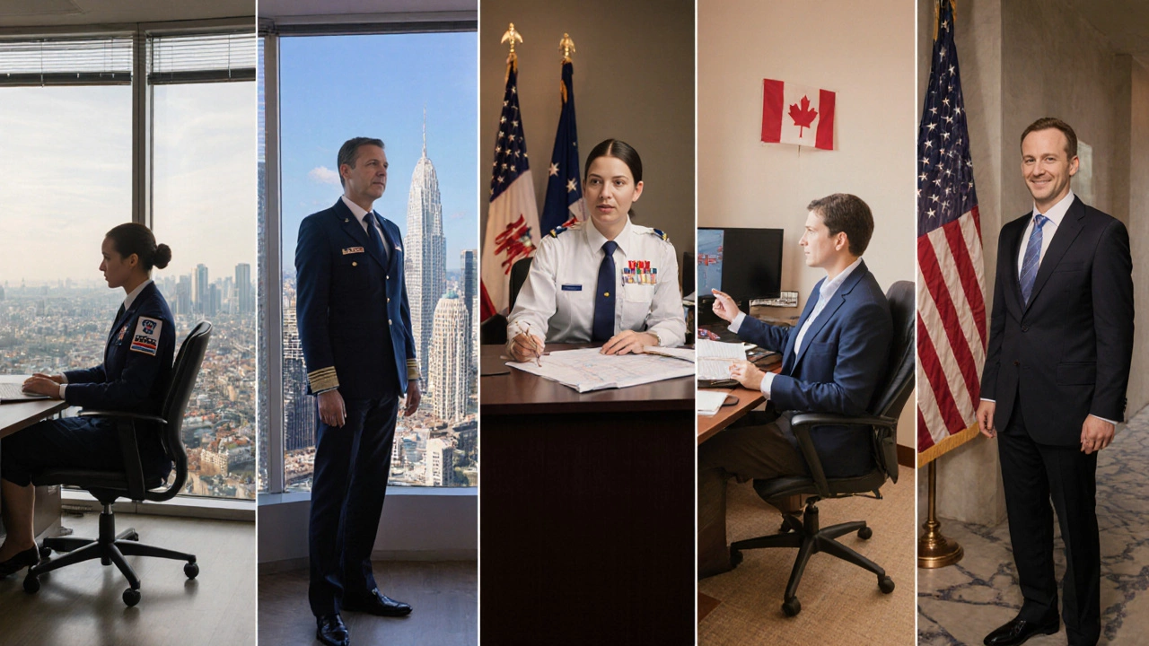 Five side‑by‑side panels showing typical government workspaces in the UK, Singapore, Canada, Australia, and the US.