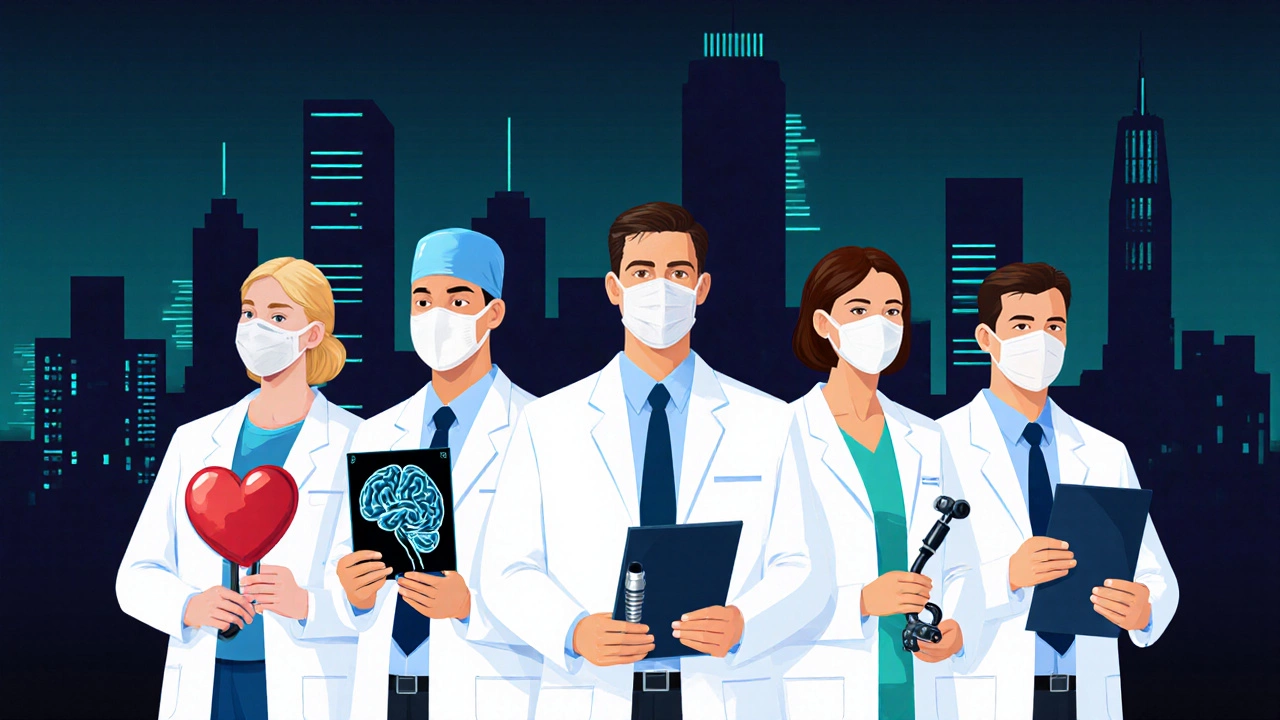 Five top doctors with specialty tools in front of abstract hospital towers.
