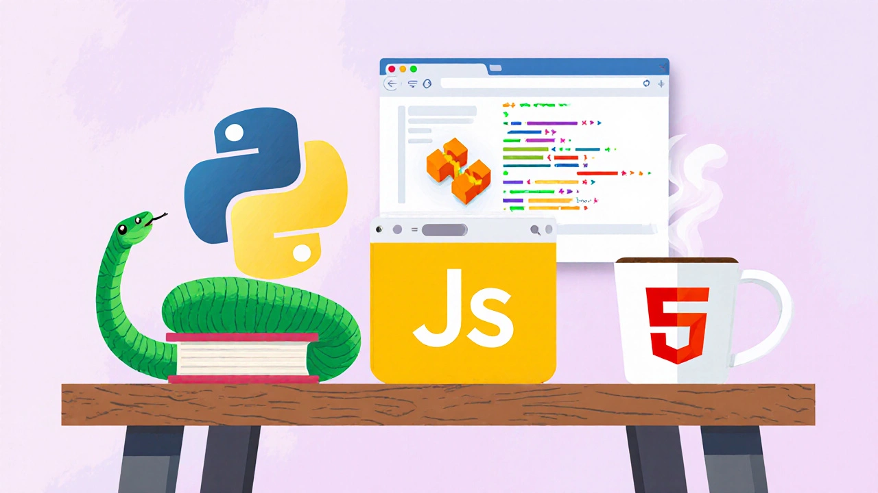 Flat illustration of Python snake, JavaScript browser, Scratch blocks, Java coffee cup, and HTML/CSS tags on a workbench.