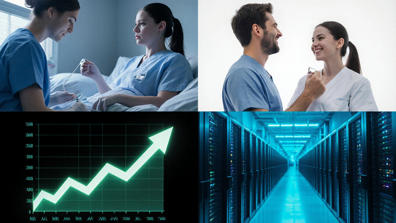 Four professionals—nurse, dental hygienist, radiologic tech, network admin—showcase high‑pay jobs.