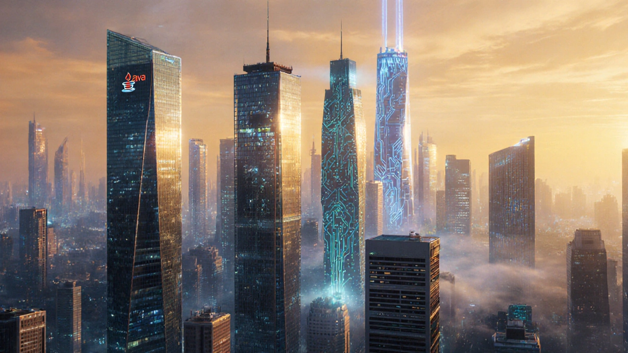 Futuristic city skyline showing rising Java finance towers and Python AI labs under a sunrise.
