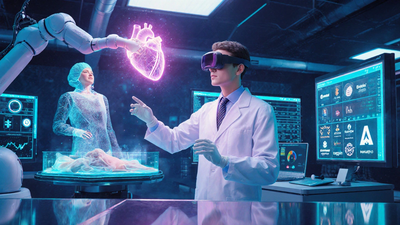 Futuristic clinic with a doctor using AR glasses and a robotic surgical arm.