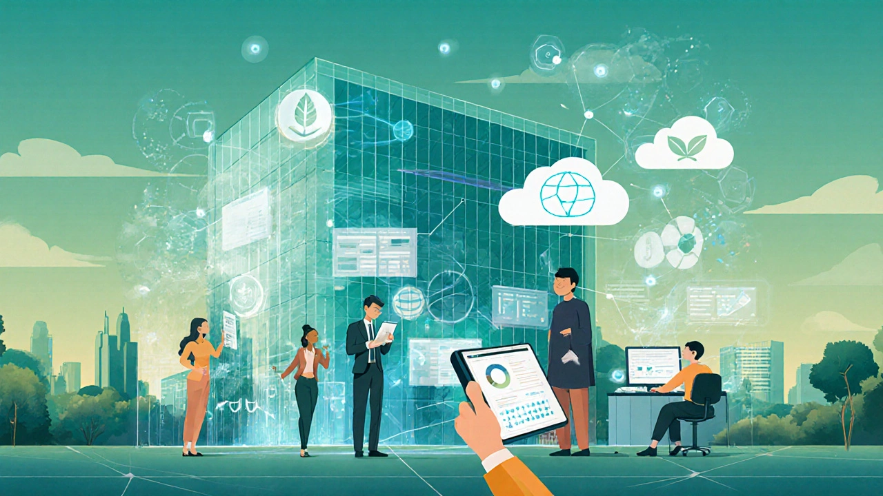 Futuristic digital government hub with holographic data, green architecture, and diverse civil servants collaborating.