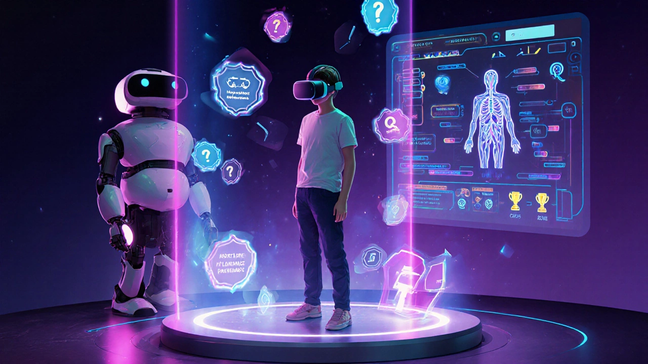 Futuristic learner wearing a VR headset surrounded by holographic badges, AI-generated quizzes and micro‑credential icons.