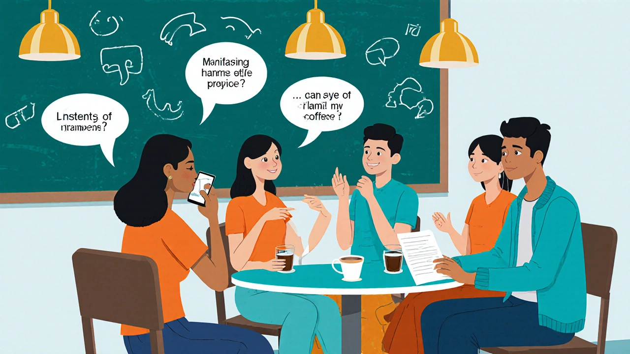 Group of diverse learners practicing shadowing, self‑talk, and role‑play in a lively café setting.
