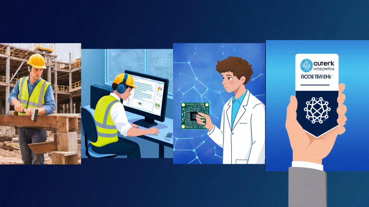 Illustrated collage of apprenticeship, certificate study, diploma lab, and certification badge.
