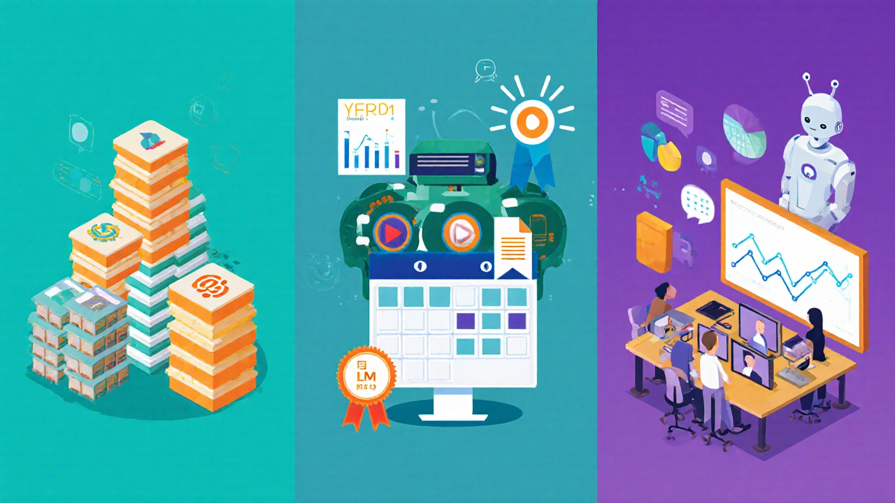 Illustrated layout of a digital learning platform showing content library, LMS tools, virtual classroom, analytics and adaptive AI.