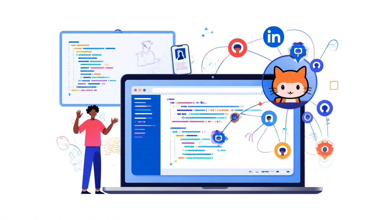 Illustrated workspace showing a laptop with live app preview, GitHub icon, and animated commit nodes.
