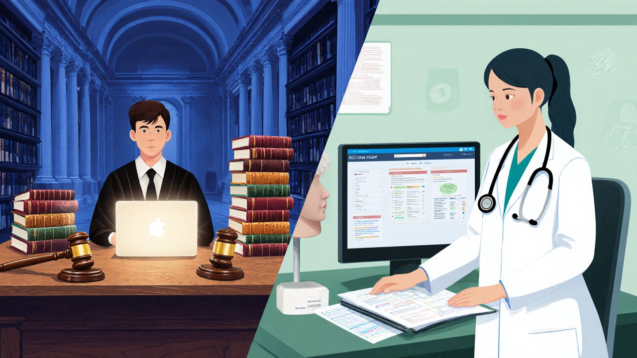Illustration of a law student in a library and a nursing student in a simulation lab, highlighting education paths.