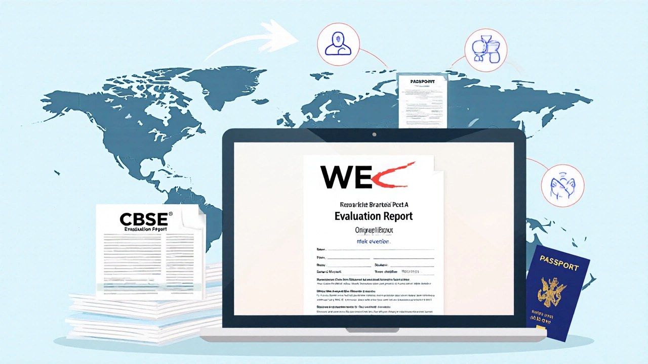 Illustration of laptop with evaluation report, CBSE marks, SAT scores, and map linking India to the US.