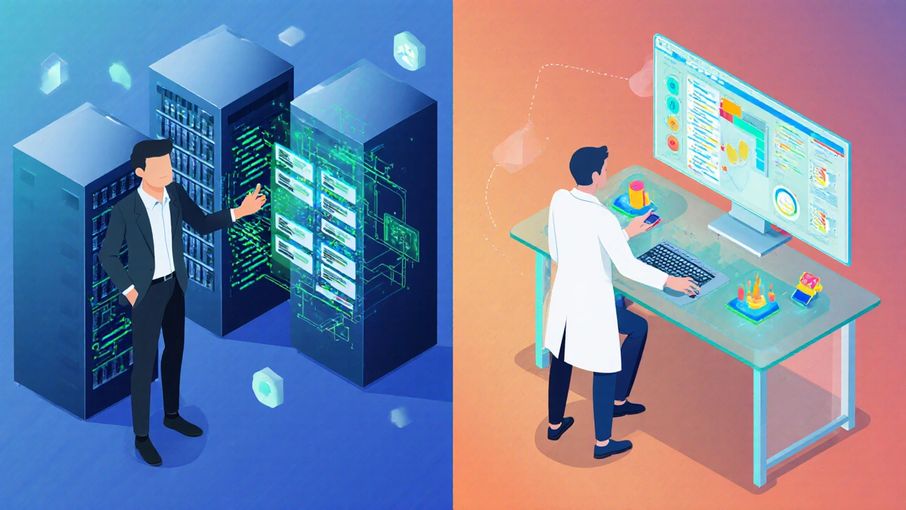 Java backend engineer working among servers contrasted with Python data scientist surrounded by AI screens.