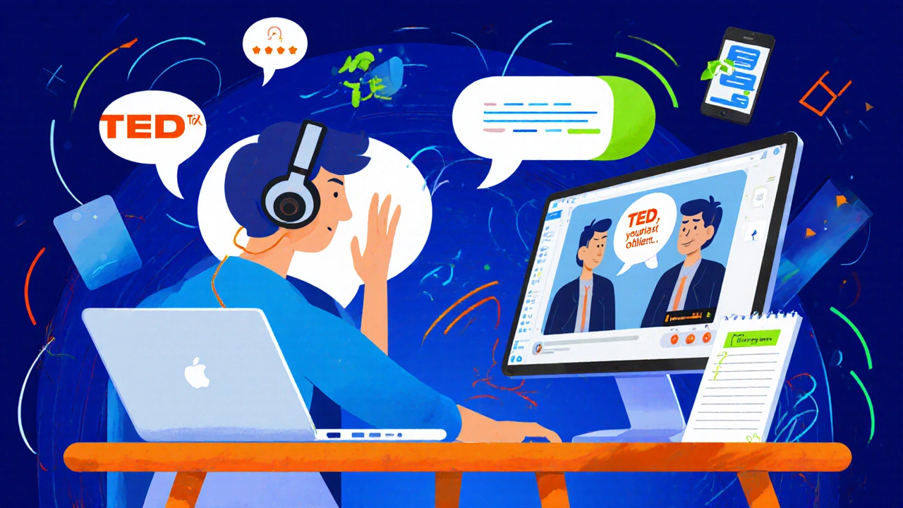 Learner shadowing a TED Talk with headphones, surrounded by speech bubbles and chat icons.