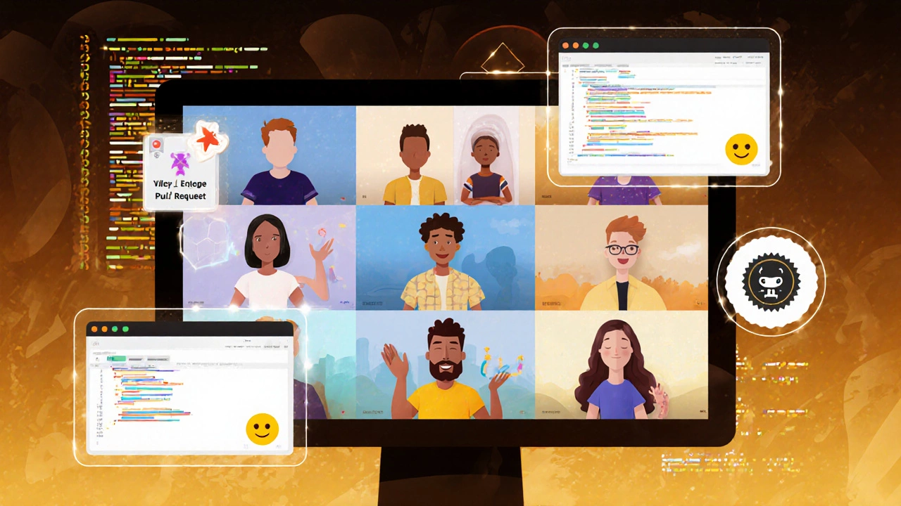 Online developer community video call with code, pull request, and milestone visuals.