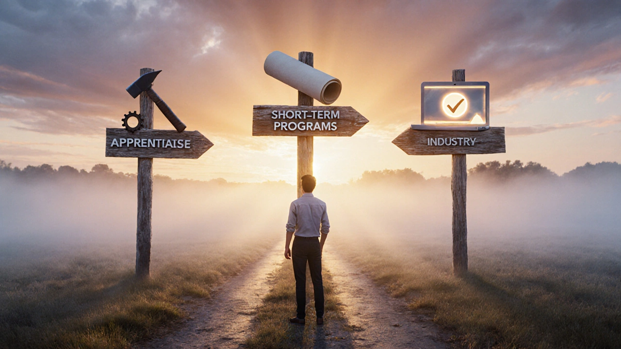 Person at sunrise crossroads with signposts showing apprenticeship, certificate, and online training symbols.