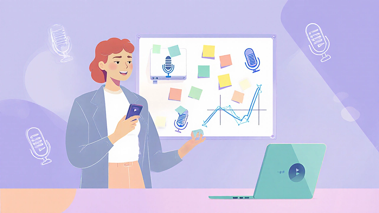 Speaker reviewing progress on a sticky‑note board while recording self‑talk with phone and laptop.