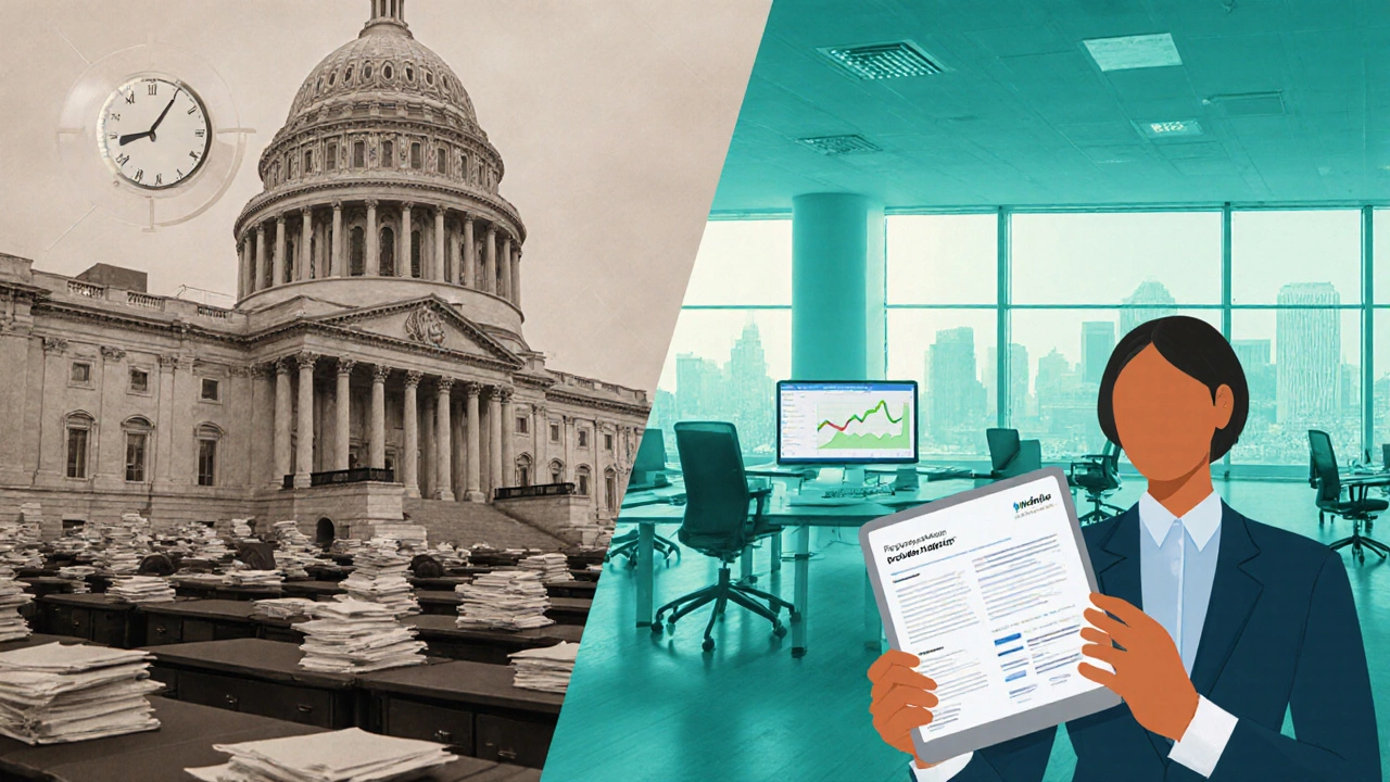 Split scene of old bureaucratic office and modern flexible workspace.