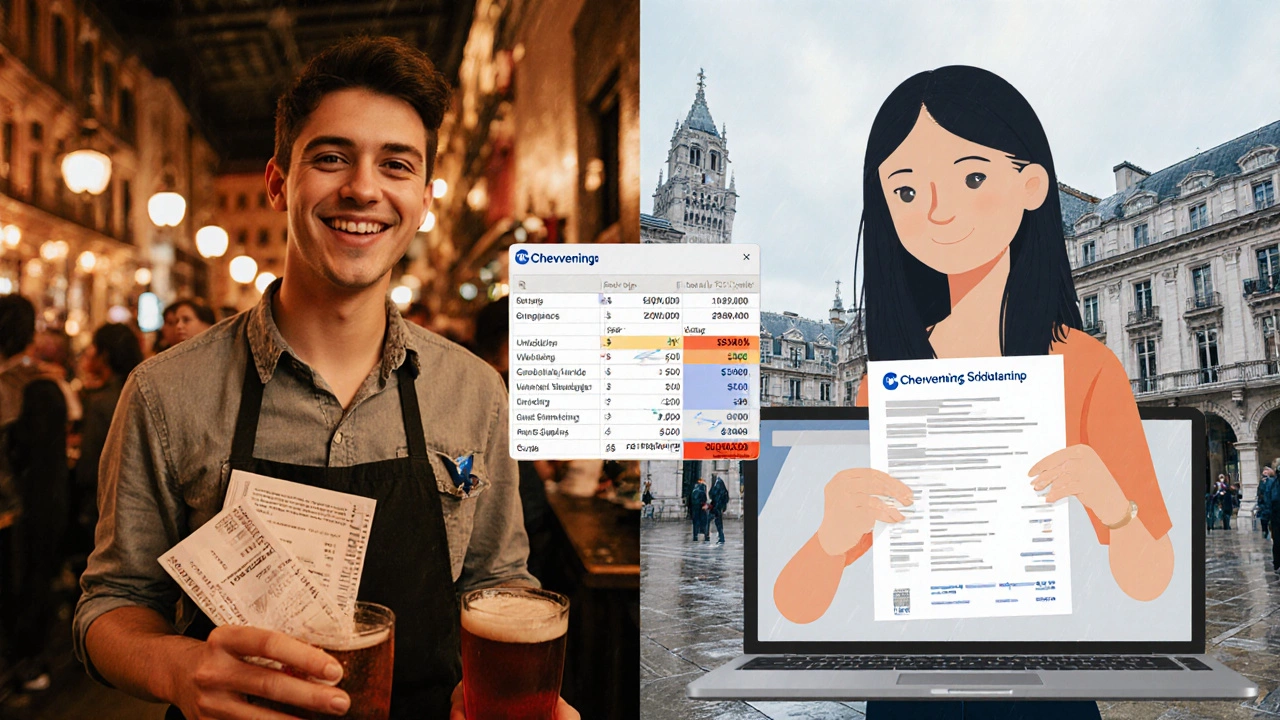 Split scene: student works in Barcelona bar and another receives Chevening scholarship in London, with budgeting graphics.