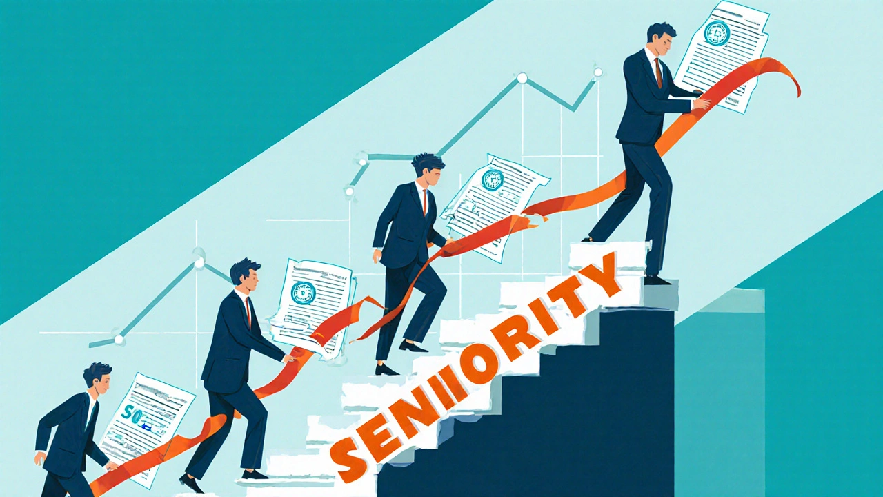 Staircase labeled seniority with workers slowed by red‑tape ribbons.