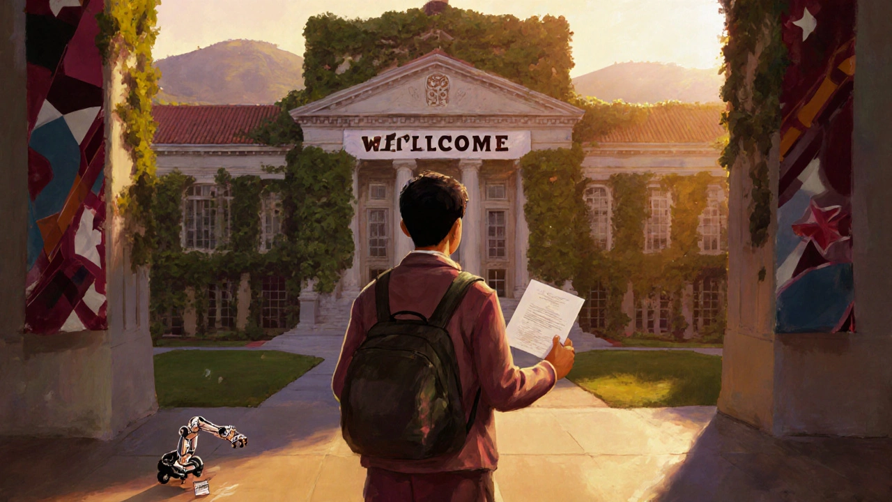 Student celebrating university acceptance at a US campus, robotic project displayed nearby.