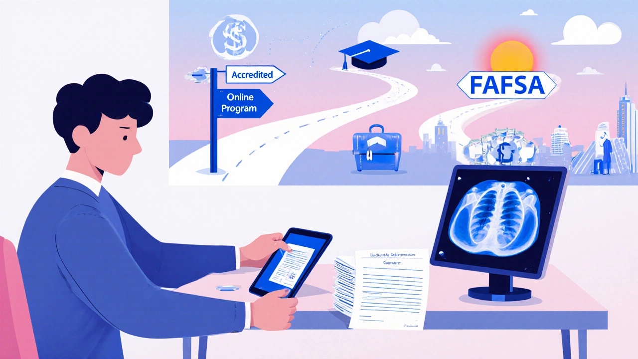 Student studies online with virtual lab, scholarship letter, and career roadmap mural.