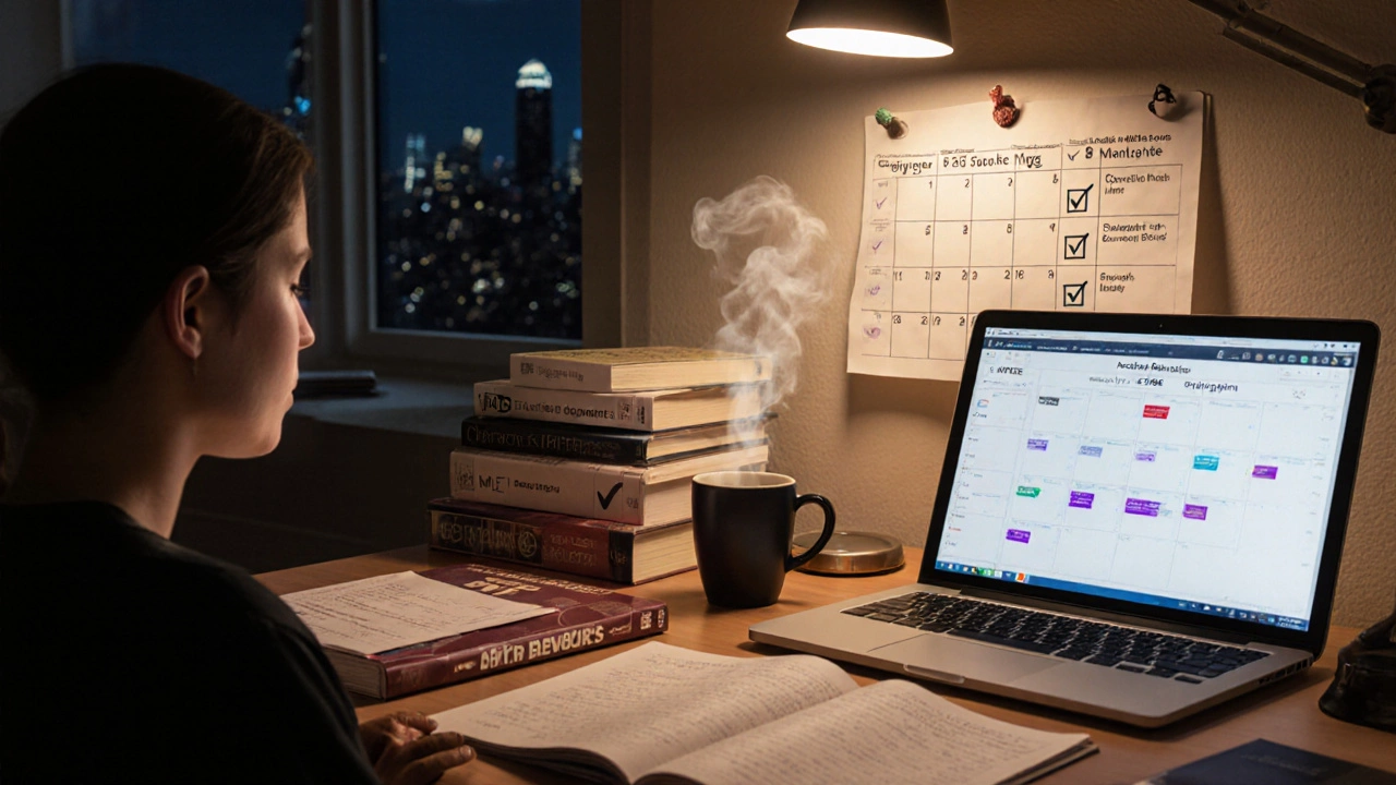 Student surrounded by study guides, calendar, and checklist preparing for a multi‑day bar exam.