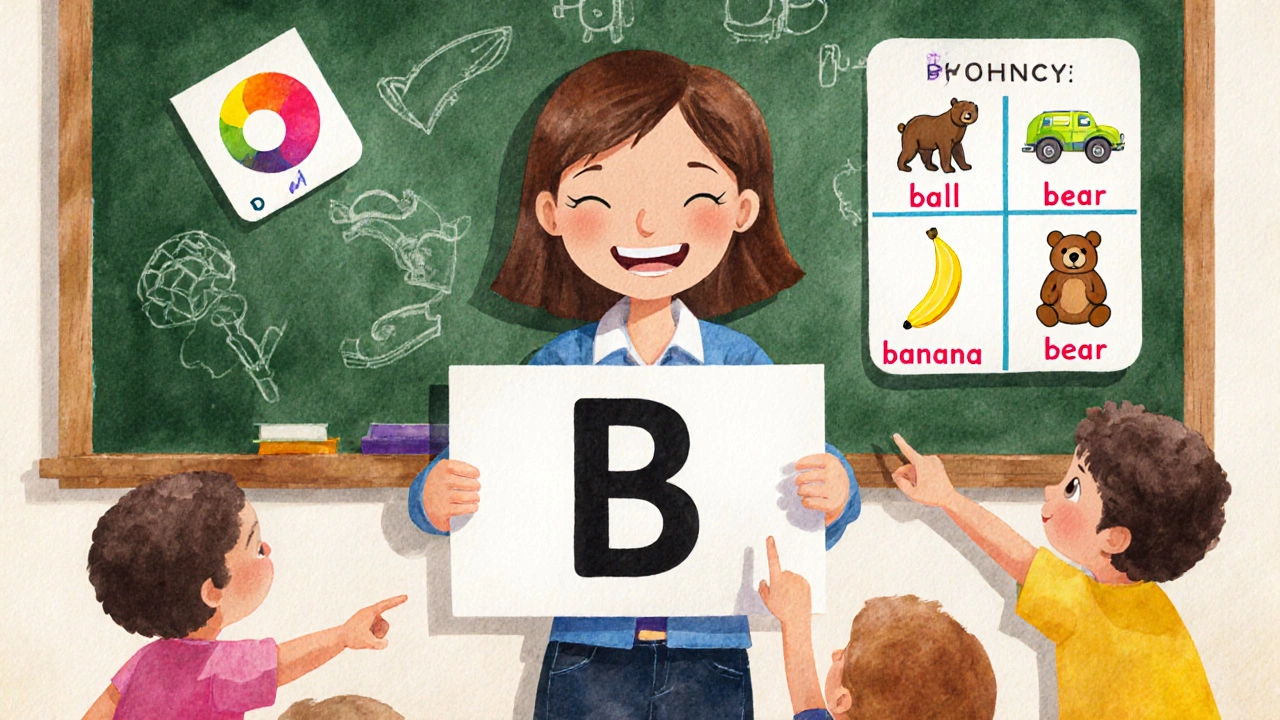 Teacher leads phonics drill with letter card and children pointing to matching objects.