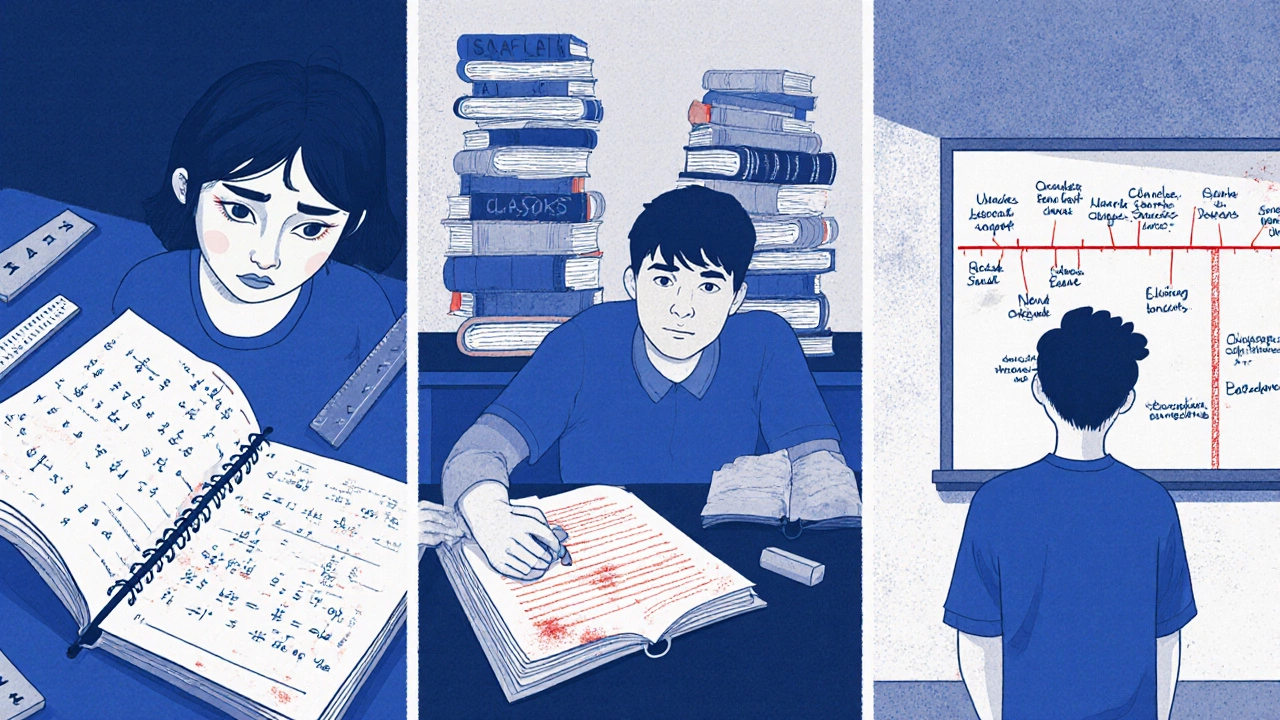 Three students frustrated with math, English books, and a timeline of dates.