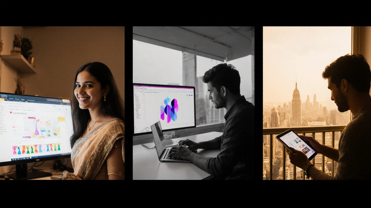Three vignettes of diverse self‑taught developers celebrating successful projects in different settings.