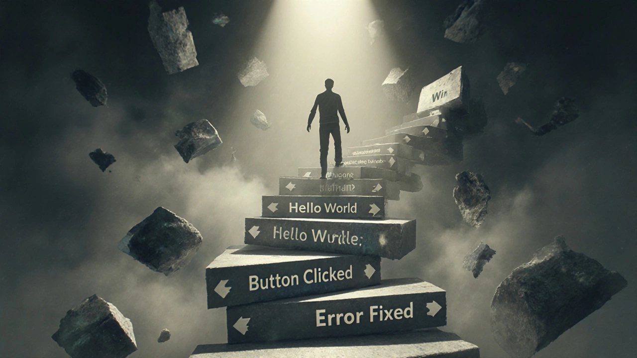 A figure climbing a staircase made of code blocks, symbolizing progress through persistence.