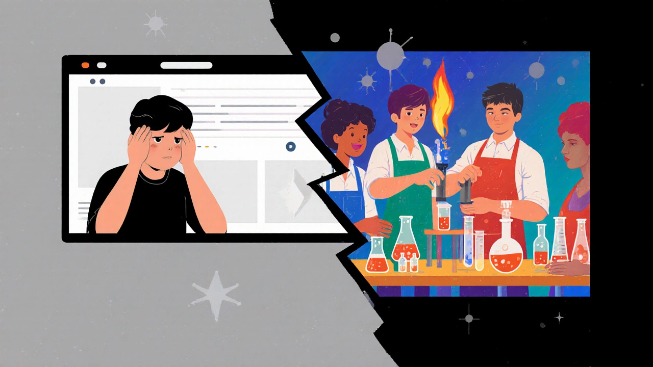 A split scene: online learning frustration vs. hands-on lab work that can&#039;t be replicated digitally.