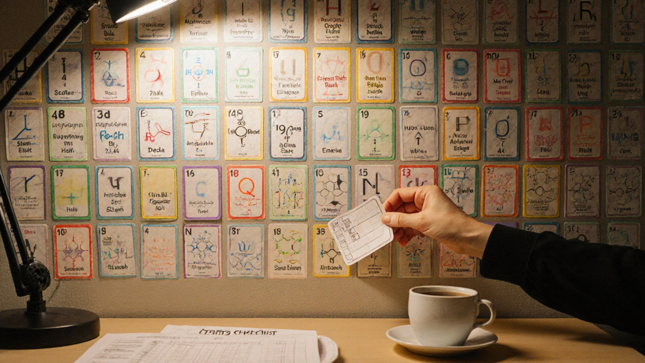 A wall of flashcards for chemistry concepts, organized by color and topic.