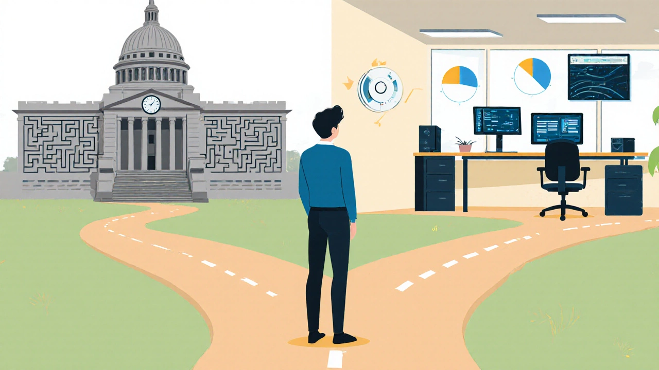 A worker choosing between a bureaucratic system and a modern workplace.