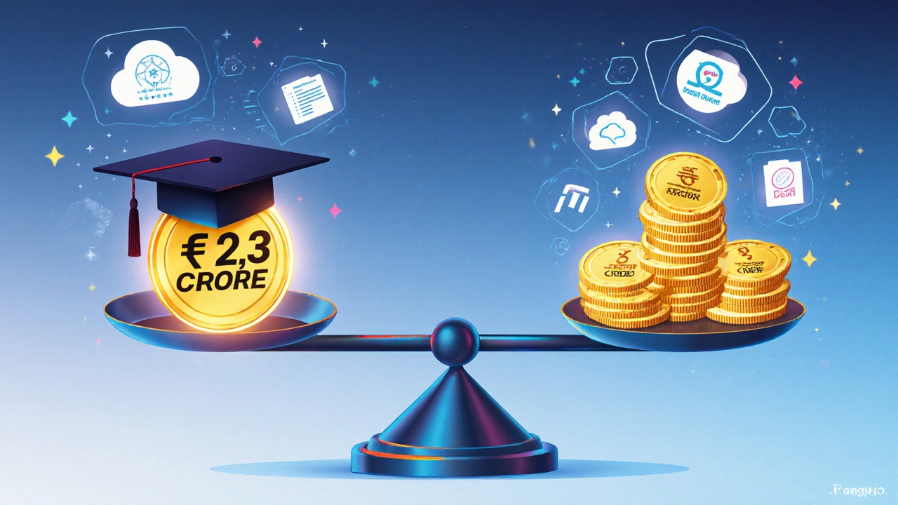 Balanced scale comparing top IIT salary offers with tech icons floating around.