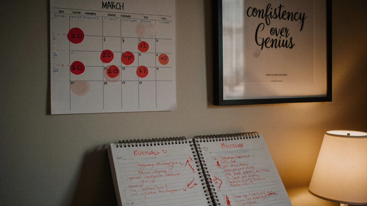 Calendar with mock test markers and mistake journal on bedroom wall