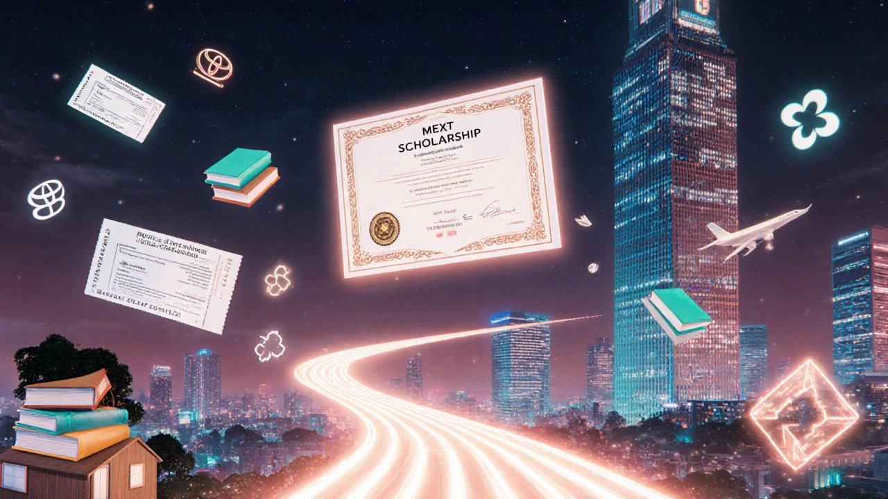 Glowing path of books and tickets leading from India to Tokyo with scholarship certificate and company logos.