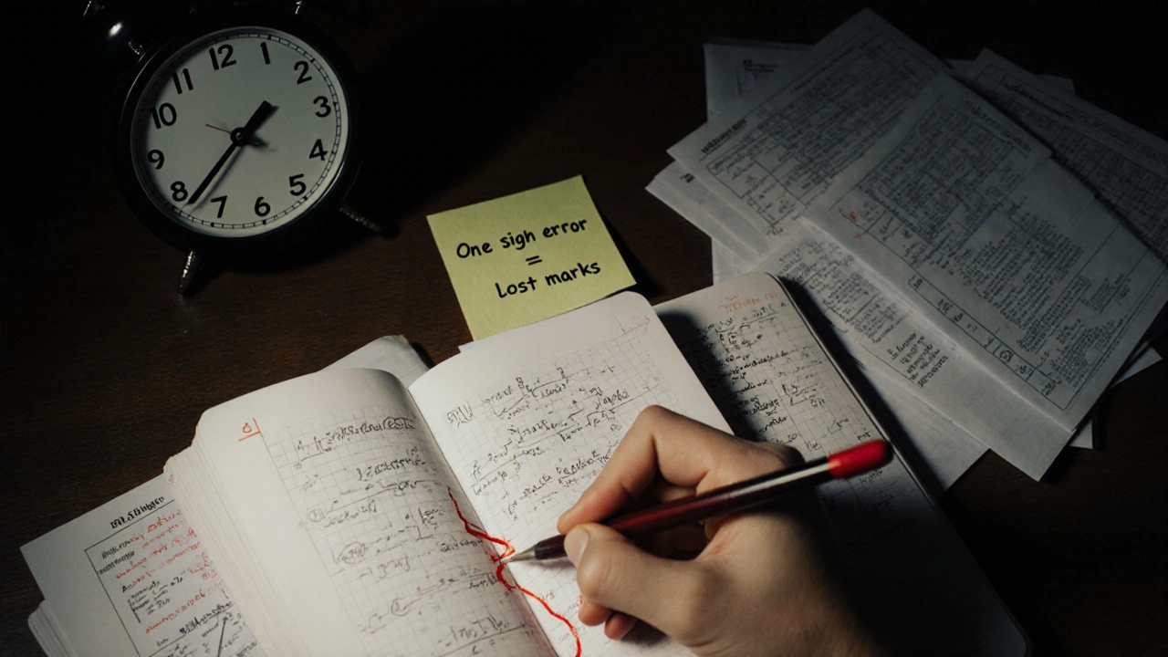 Hands writing math equations under a clock, with corrections and past papers nearby.