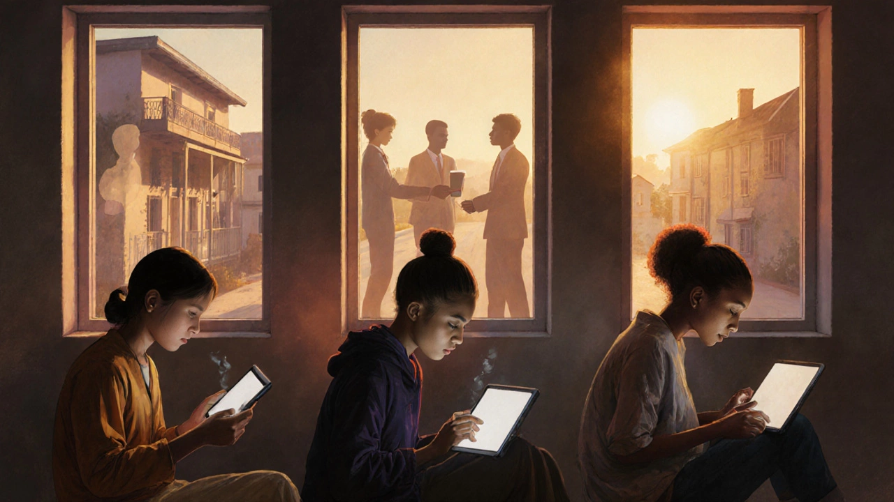 Isolated learners connected only by fading digital interfaces, missing real human connections.