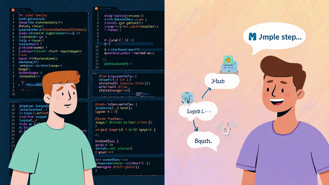 Split scene showing a beginner&#039;s frustration turning into triumph with a working program.