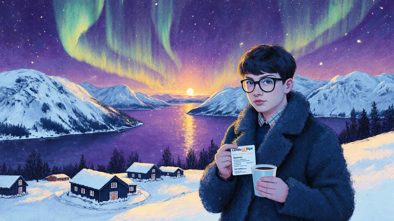 Student standing on a snowy hill in Norway with fjord and aurora borealis in the background.