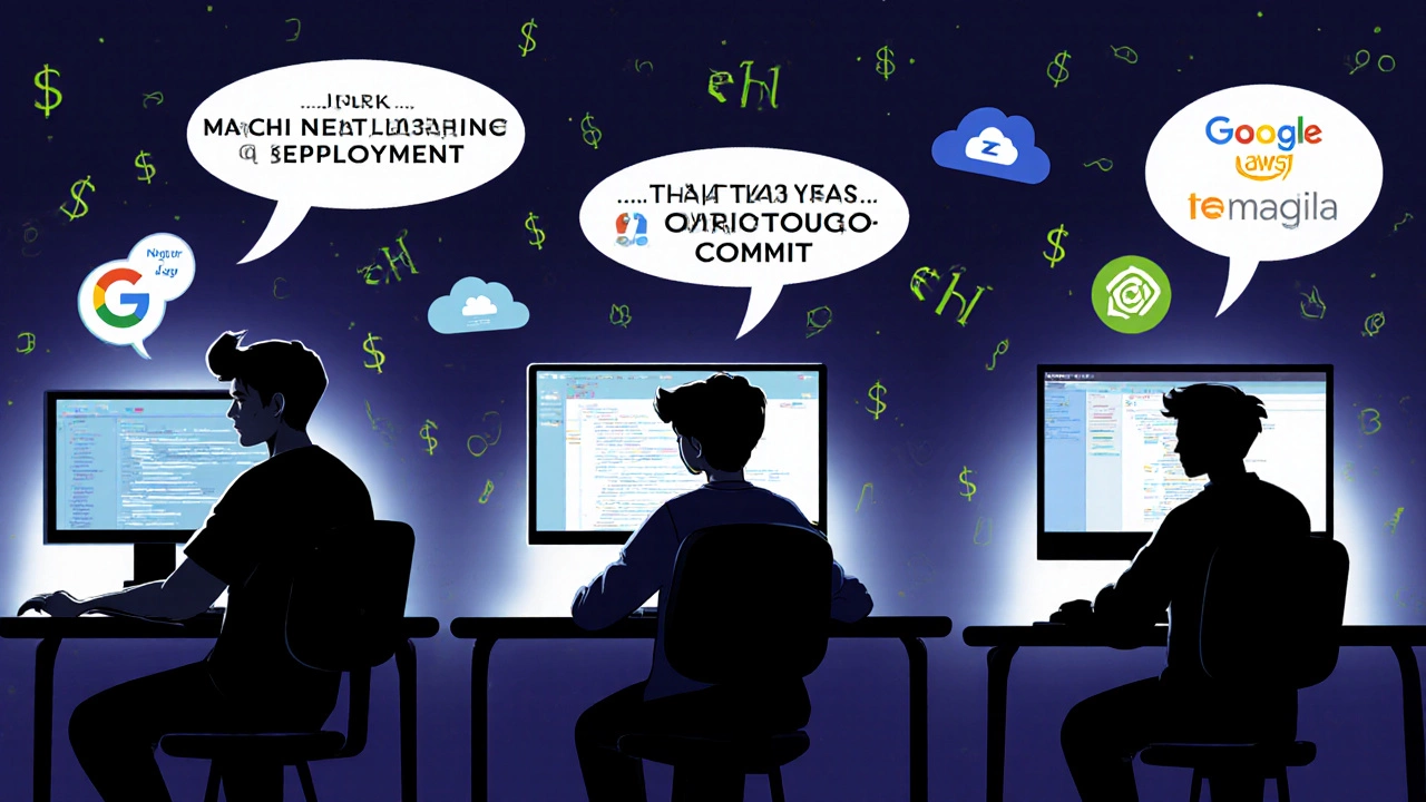 Three IIT students coding at night with salary figures and company logos around them.